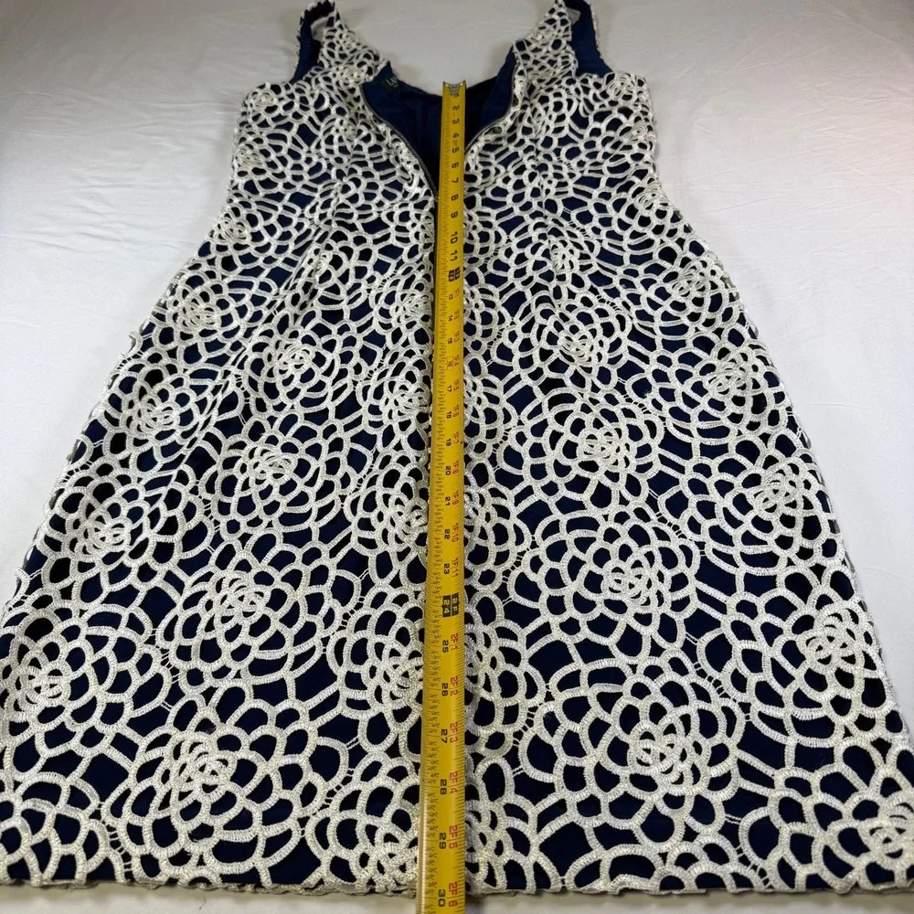LRL Ralph Lauren Navy & White Crochet Lace Sheath Dress Size 10 Sleeveless
